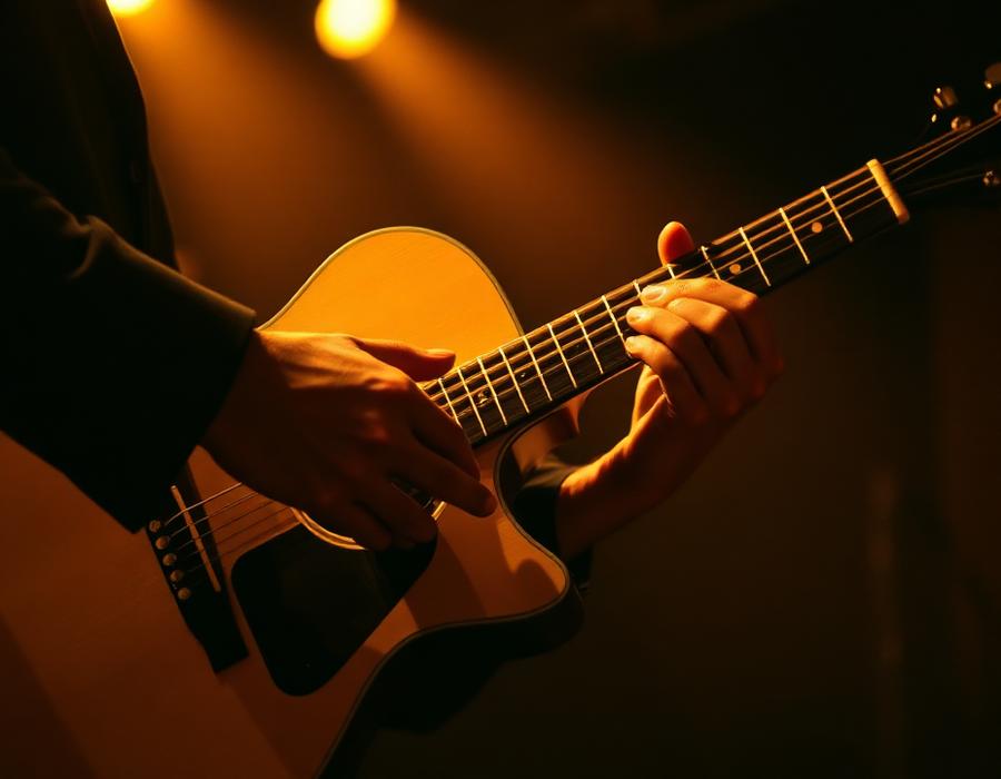 Hands playing an acoustic guitar under warm stage light